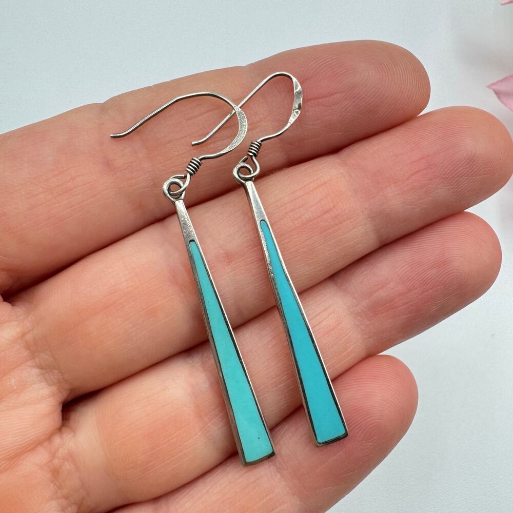 925 Sterling Silver Turquoise Inlay Long Dangle Earrings Southwest Tribal Native - Picture 3 of 10